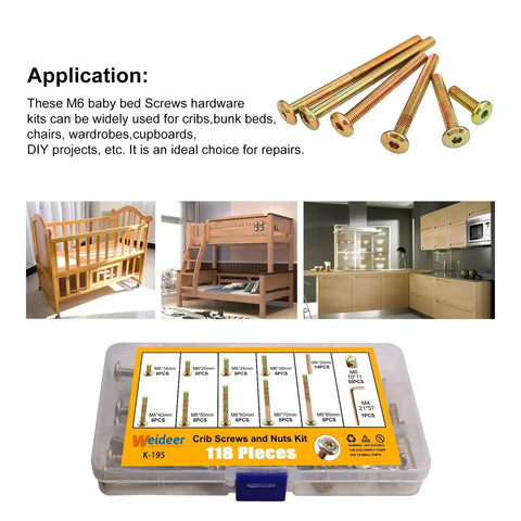 All In One Crib Screws And Nuts Kit For Beds Chairs And Furniture shown with screws, application examples, and labeled box.