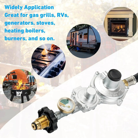 Durable Horizontal Two Stage Propane Regulator With Gauge And Ten Foot Hose shown with various outdoor cooking appliances