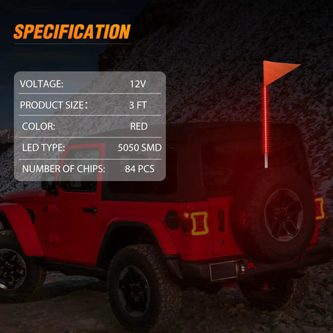 3 Foot LED Whip Light With Aluminum Base Red Color on off-road vehicle for night visibility and safety.