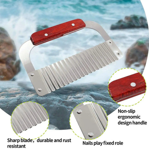 Stainless Steel Crinkle Cutter For Vegetables And Fruits, Wavy Chopper Knife With Wood Handle, Durable 7.3 Inch Blade