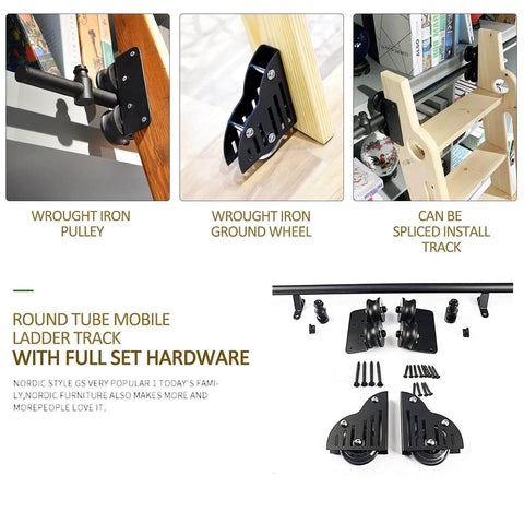 Super Sturdy Retractable Sliding Ladder Track Hardware Kit with wrought iron pulleys and 300 cm rail installed in home library