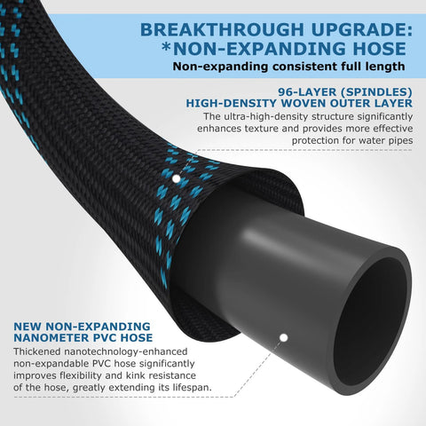 KETTOYA non-expanding garden hose with black braided outer layer, blue accents, and gray 3/4 inch PVC swivel connector
