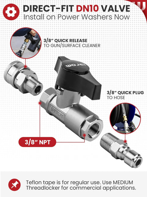 WOJET ball valve pressure washer, stainless steel DN10, 3/8 in NPT, 5000 PSI, quick-connect to hose and gun