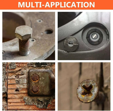 Close-up of damaged screws and bolts in different materials showing the multi-application use of 14Pcs Screw Extractor And Left Hand Drill Bits Set For Removing Stripped Screws And Broken Bolts Easy Out Bolt Remover Kit With Reverse Cobalt HSS Steel Bits For Tough Jobs.