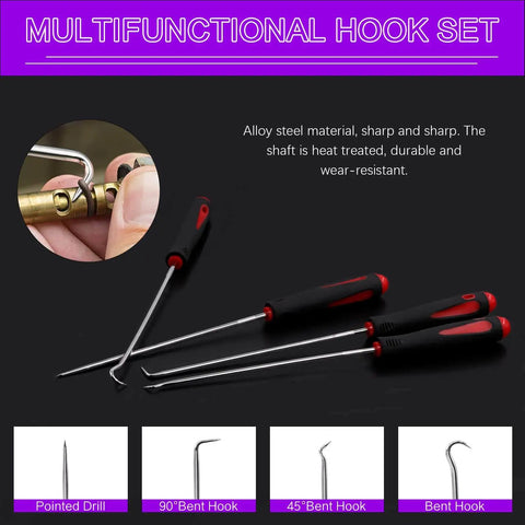 Multifunctional hook set with alloy steel material, including pointed drill and bent hooks for precision work.