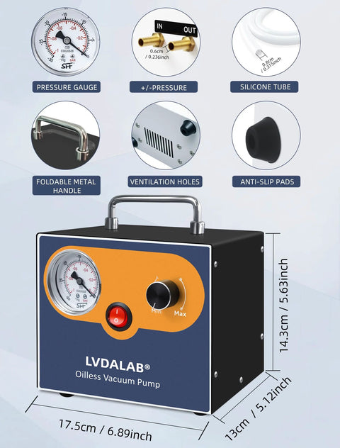 Lab vacuum pump LVDALAB oil-free diaphragm, 15 L/min, blue front gauge panel, two silicone hoses, portable with handle