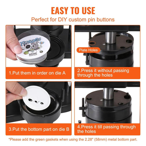 VEVOR button maker instruction collage showing 4 steps to assemble 25/32/58 mm buttons with Panda Magic Book.
