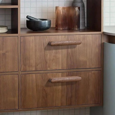 Walnut Wood Drawer Pulls Set Six Pack 5.04 Inch Length With Rounded Edge for cabinets and dressers, mounted on wood cabinets.