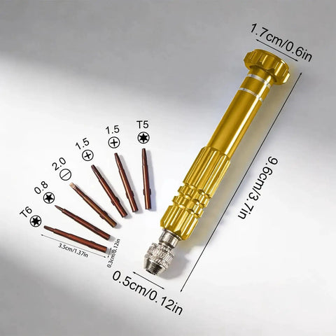 5 In 1 Multifunctional Mini Precision Screwdriver Pen With Magnetic Bits For Eyeglasses Sunglasses Electronics Cellphone Jewelry Includes 5 Micro Bits And Grab And Go Magnetic Repair Kit Golden with dimensions