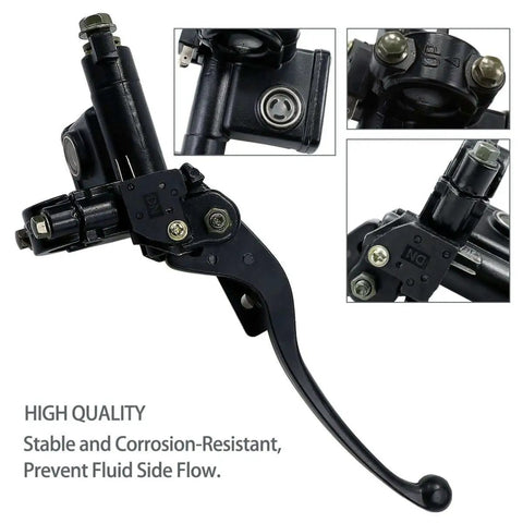 Left Hydraulic Brake Master Cylinder Lever Pump Replacement For 50cc To 250cc ATVs Quad Dirt Bikes Moped And More Durable High Quality Fit For Small Engine Rides And Aftermarket Upgrades close-up view.