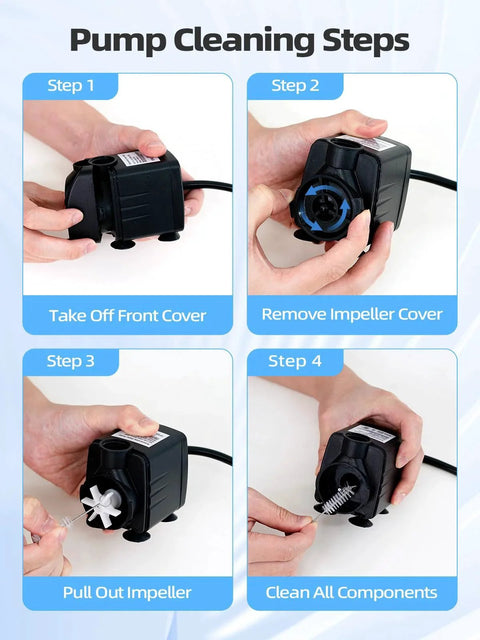 Steps for cleaning Ultra Quiet 400GPH Submersible Water Pump For Pond, Fountain, Aquarium, And Hydroponics with lift and hose
