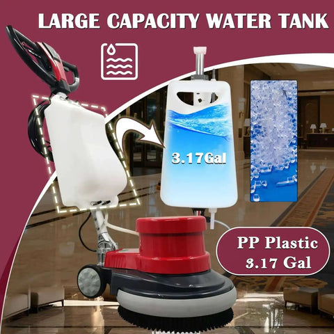 Heavy Duty 17 Inch Floor Scrubber Polisher With 1100W Motor, showing large capacity 3.17-gallon water tank and PP plastic material.