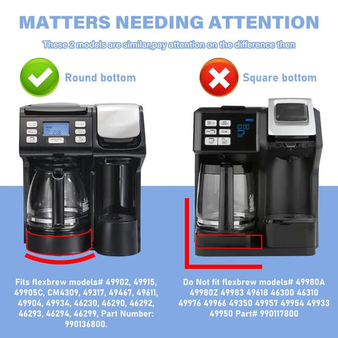 Pair of 12-cup coffee maker carafe replacement pots; left round-bottom, right square-bottom (black) for Flexbrew