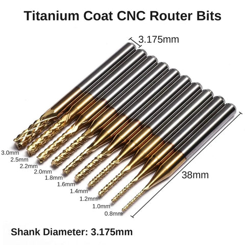40 Piece CNC Router Bit Set With One Eighth Inch Shank Including Two Flute Flat Nose And Ball Nose Bits Nano Blue And Titanium Coatings For Pro Grade Heavy Duty Durable Milling And Precise Carving On Wood Plastic And Aluminum, shown with labeled sizes.