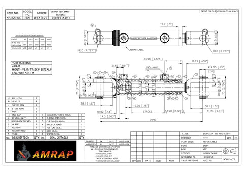 Technical drawing of 1.5 In Bore 6 In Stroke Welded Double Acting Hydraulic Cylinder Clevis 3000 PSI with dimensions