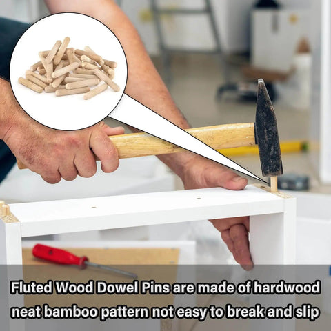 Person using hammer to secure 8 Value Wood Dowels Kit With Fluted Dowel Pins In 1 Quarter Inch, 3 Eighth Inch, 5 Sixteenth Inch Sizes
