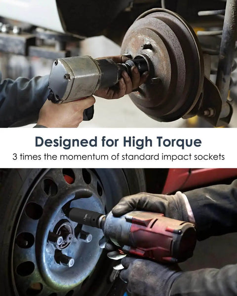 Mechanic using Beefed Up Half Inch Drive Crank Bolt Socket Set With 17mm 19mm 21mm 22mm 24mm 27mm Deep Impact Harmonic Balancer Sockets