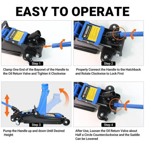 Step-by-step guide to operating the 2.5 Ton Hydraulic Floor Jack With Low Profile For Sedans And SUVs 3.4 Inch To 15.2 Inch Lift Range