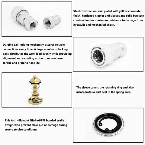 Hydraulic quick-connect coupler set, 1/4 NPT ISO 5675, CEKER Pioneer style, carbon steel poppet valve, 2 pieces