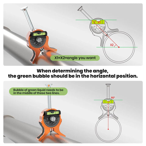 Upgraded Pipe Center Finder With Y Shape Base And Fully Embedded Magnets For Hands Free Center Marking Nuvium Pipefitting Tool With Dial Bubble Protractor No Tools Required Mark From 0.4 In And Up For Accurate Centering shown on pipes with green bubble instructions.