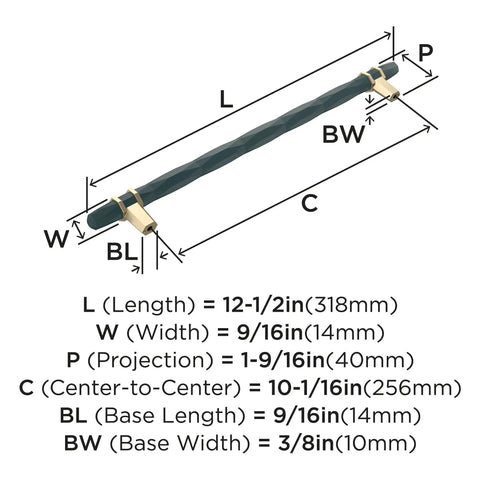 Contemporary Cabinet Pull In Black Bronze And Golden Champagne Finish With Twelve And One Half Inch Overall Length And Ten And One Sixteenth Inch Center To Center Mounting Holes London Style Drawer Pull For Cabinets And Furniture And Doors One Pack with measurements diagram