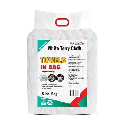 Rock Solid Recycled White Terry Cloth Rags 5 Lb Bag Ultra Absorbent Shop Towels package with label visible.