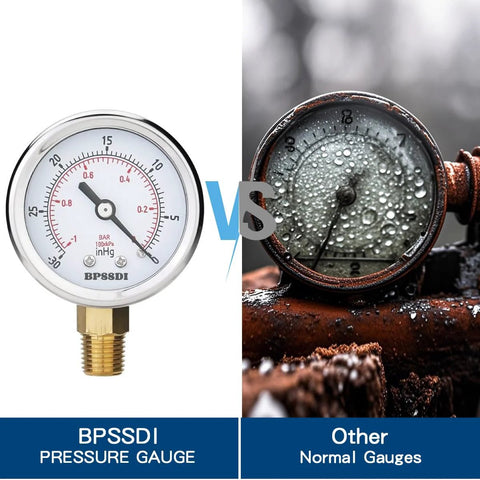 BPSSDI vacuum pressure gauge, 2.5 in dial, 1/4 in NPT lower mount, 304 stainless case; split image shows gauge vs other