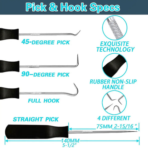 Pick and hook set specs with 45-degree, 90-degree, full hook, straight pick, non-slip handle for Silicone O Rings Kit 1228 Pcs 32 Sizes