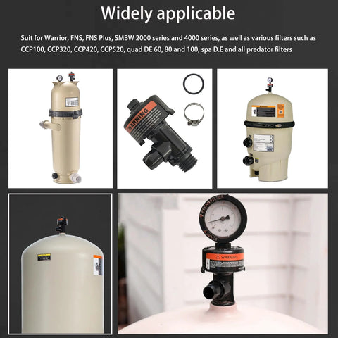 Dicsley manual air relief valve with pressure gauge for swimming pool filter; high-flow valve shown with pool filter tanks