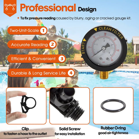 DearChan 98209800 high-flow manual relief valve with pressure gauge for pool filter; includes clip, screw, and O-ring.