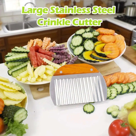 Large Crinkle Cutter Wavy Slicer For Potatoes And Fries, Stainless Steel French Fry Cutter with assorted veggie slices in a kitchen.