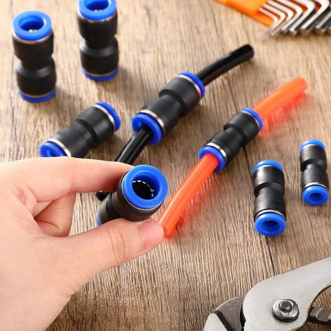 Konohan 100-piece air hose fittings: push-to-connect straight connectors, black with blue collars, for 4–12 mm tubes.