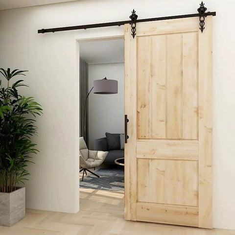 Sliding Barn Door Pull Handle Set With Flush Hardware In Rustic Black Powder Coat Finish installed on wooden door