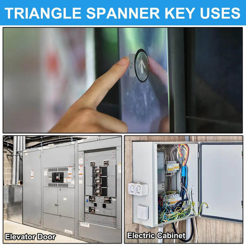 Hand using triangle spanner key on elevator, with electric cabinet and panel visible below for context.