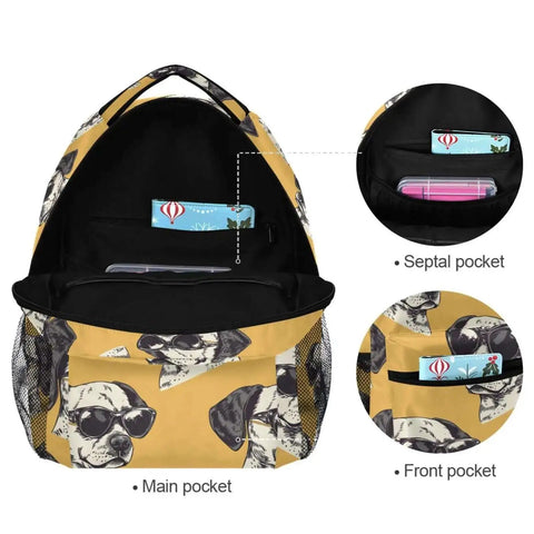Cool Dog With Shades Backpack For School Book Bag And Travel Lightweight Waterproof Daypack With Separate Laptop Compartment Ideal For Boys And Girls Hiking Camping Work And Weekend Adventures showing main pocket and internal dividers.