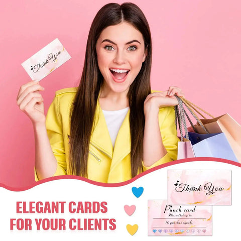 Woman holding 'Thank You' card with shopping bags, promoting Heart Shaped Handheld Punch Card Kit With 100 Reward Cards.