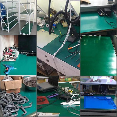 Collage of Pro Grade ESD Soldering Mat Roll for Electronics Repair Ultra Large 23.7 by 118 Inch Rubber Anti Static Desk Pad in use.