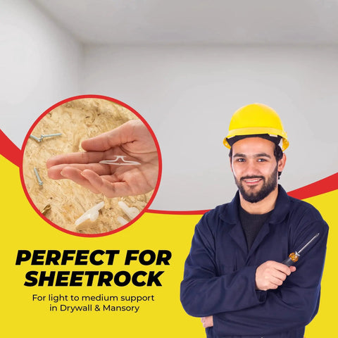 Image of a construction worker with drywall samples and tools, highlighting a Drywall And Hollow-Wall Anchor Assortment Kit for supports.