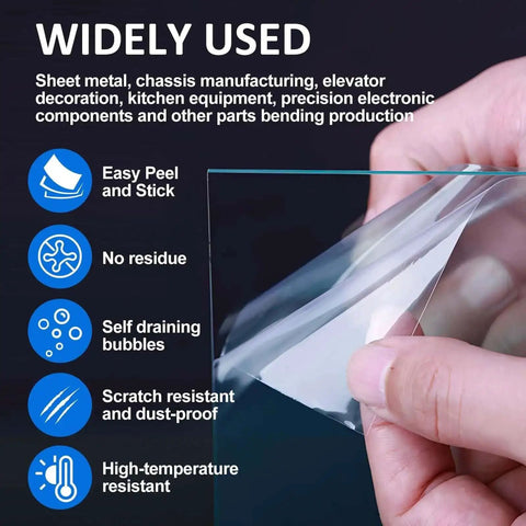 Pro Grade Urethane Die Protection Film For Press Brake Bending held by hand, features listed include easy peel, no residue, scratch resistant