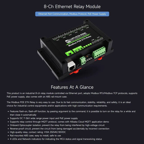8 Channel Ethernet Relay Module With Modbus RTU TCP PoE Power And Industrial Rail Mount displayed with features list