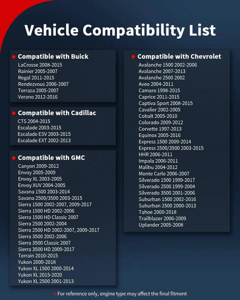 Vehicle Compatibility List for Chevrolet, GMC, Cadillac, Buick models 2002-2016 with engine type note