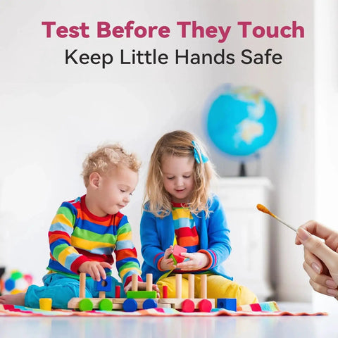 Lead Test Kit For Dishes And Surfaces With 60 Swabs Rapid 30 Second Lead Paint Testing Accurate Results On Paint Ceramic Wood Metal Jewelry Toys And More Home Use Value Pack For Safe Quick Screening. Children playing on floor with colorful toys, swab testing for safety.