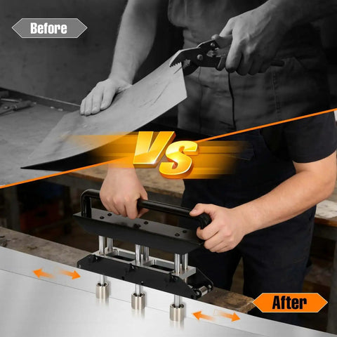 Before and after comparison of Pro Grade Three Station Edge Roller Bender For Roofing and Sheet Metal in use on steel sheet