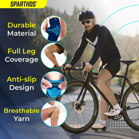 Cyclist wearing Leg Compression Sleeve For Calf Knee And Thigh Recovery Pain Relief And All Day Comfy Support For Running Basketball Weightlifting
