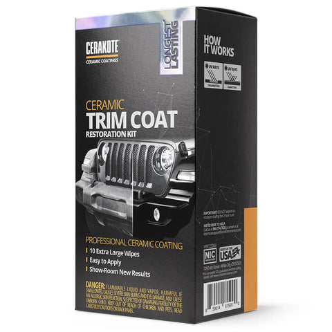 Ceramic Trim Coat Kit For Plastic Restoration That Cures On Plastics, Delivers UV Protection, 200 Plus Wash Durability, A True Ceramic Coating Not A Dressing, Cerakote Brand box packaging with product details.