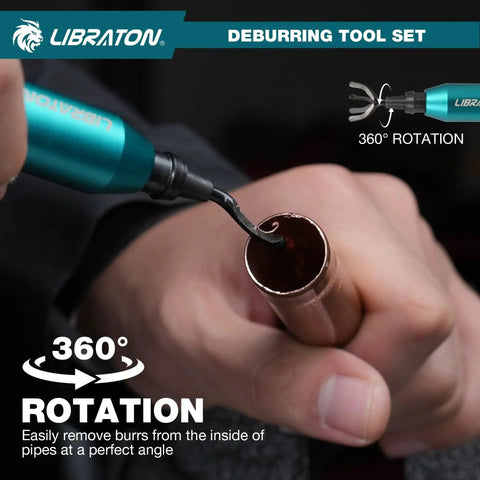 Deburring Tool Kit With 360 Degree Swivel Handle Includes One Detachable Metal Deburring Tool Two Precision Countersink Reamers And Ten Replacement HSS Blades For Metal Wood Plastic PVC Resin Copper 3D Printing Chamfering And Edge Deburring in use on a copper pipe