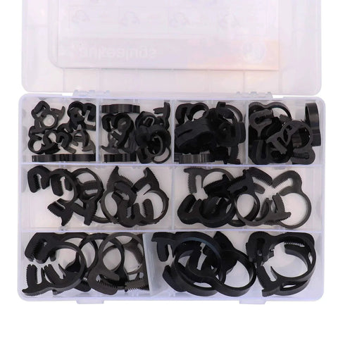 56-Pcs Heavy Duty Nylon Hose Clamps Assortment With Double Snap Grip organized in plastic storage box.