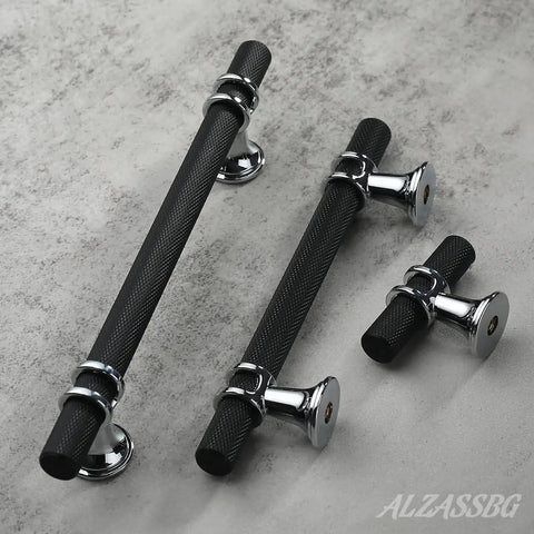 Set Of 10 Matte Black And Silver Cabinet Pulls 3 Inch 76mm Hole Centers Knurled Cabinet Handles for modern kitchen hardware.