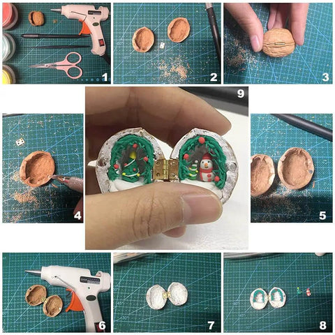 Step-by-step DIY process of making a mini walnut Christmas ornament with brass hinge, using tools and materials.