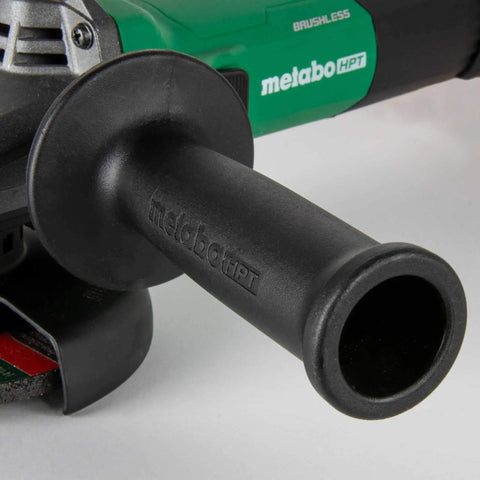 Close-up of powerful 4-1/2 inch angle grinder with 12 amp AC brushless motor, focusing on the three-position side handle.